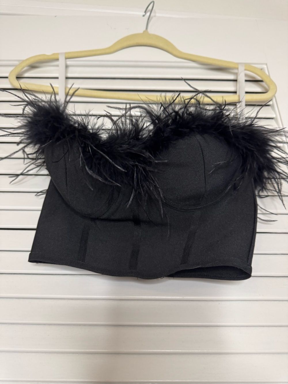 superdown Black Feather-Trim Bustier Crop Top
